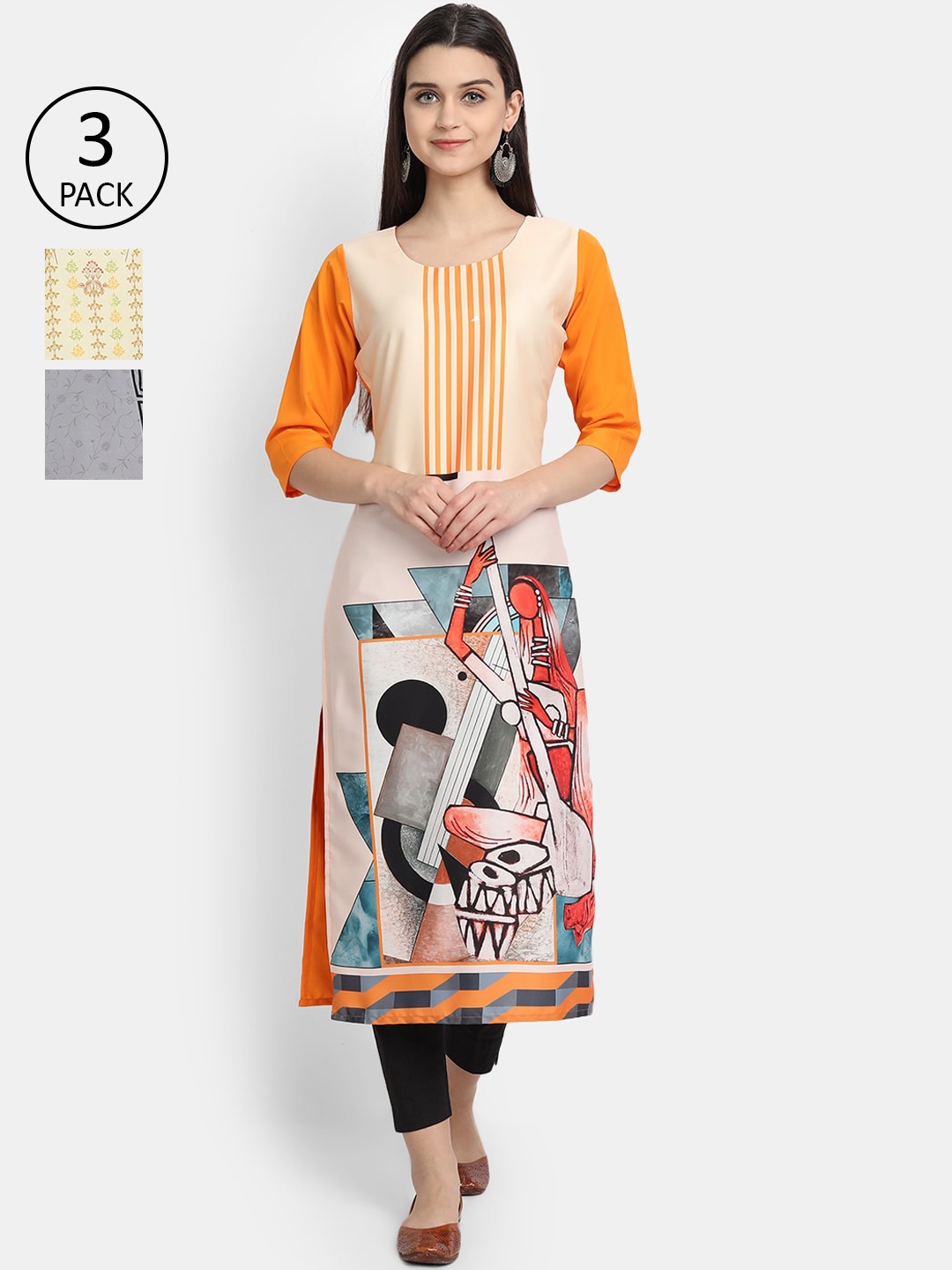 

Ethnic basket Women Pack Of 3 Printed Crepe Kurta, Yellow