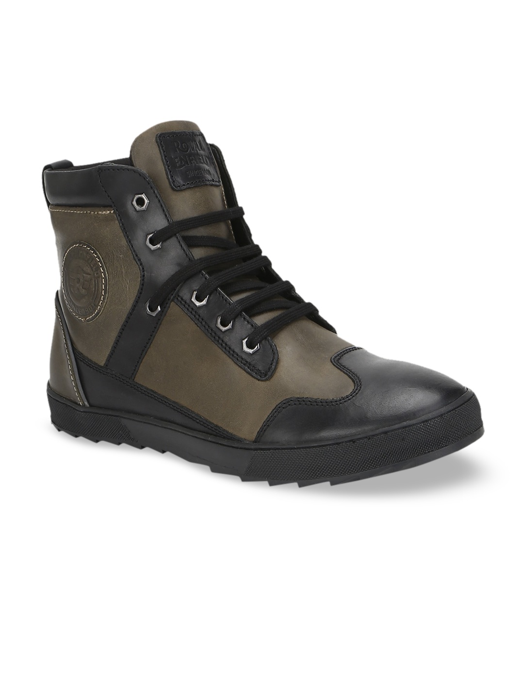 

Royal Enfield Men Olive Green & Black Colourblocked Mid-Top Flat Boots