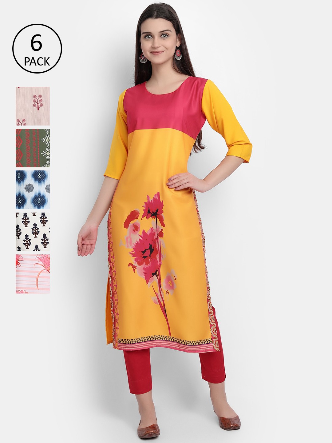 

Ethnic basket Pack of 6 Women Multicoloured Ethnic Motifs Printed Crepe Kurta, Multi
