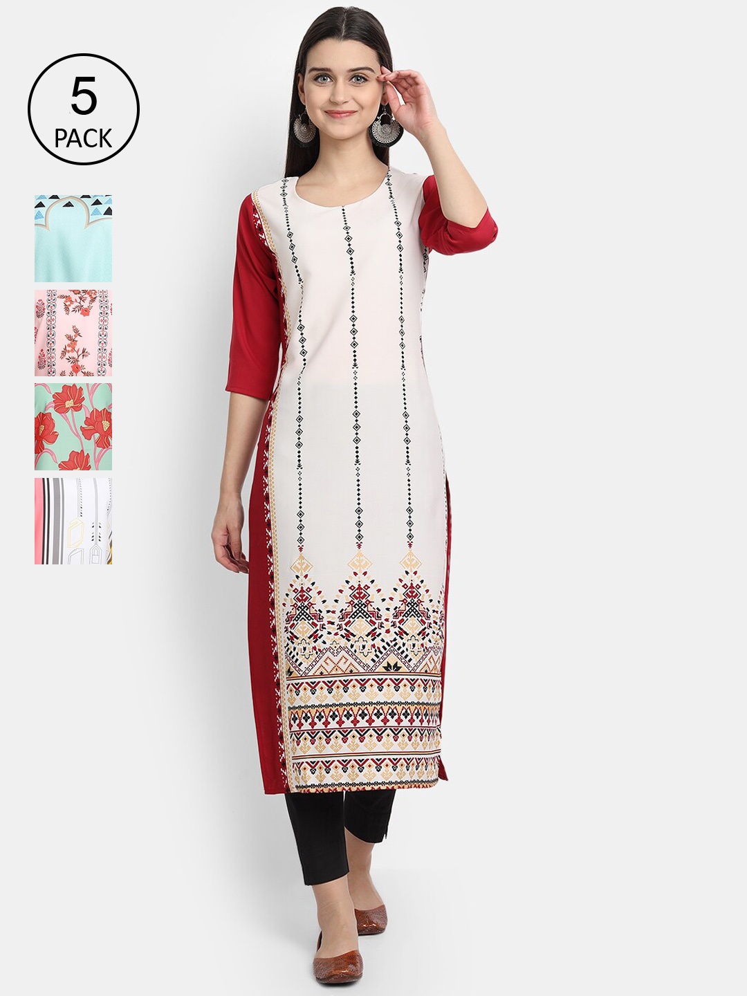 

Ethnic basket Women Pack Of 5 Multicoloured Floral Printed Crepe Kurtas, Multi