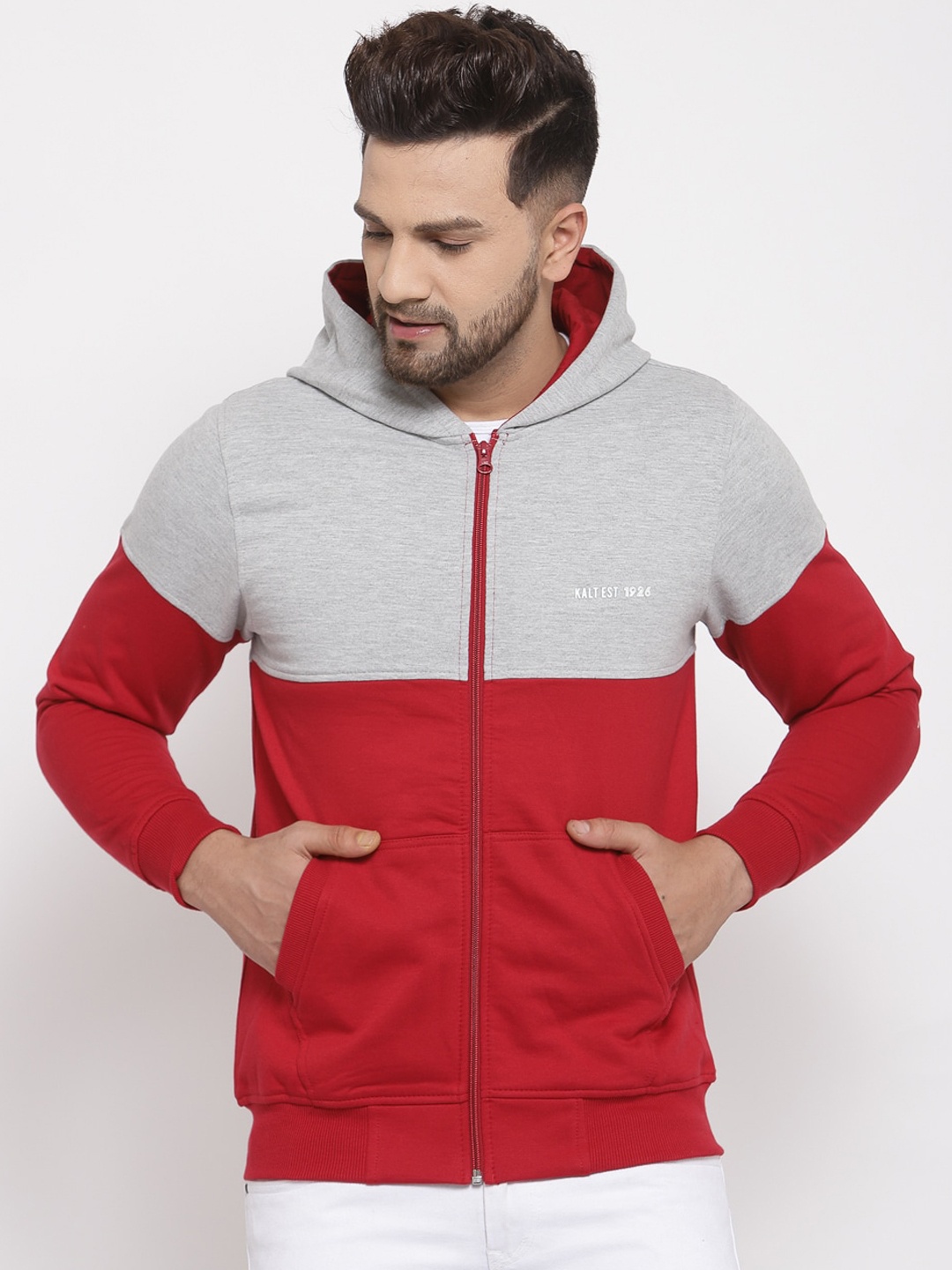 

Kalt Men Red & Grey Colourblocked Fleece Sporty Jacket