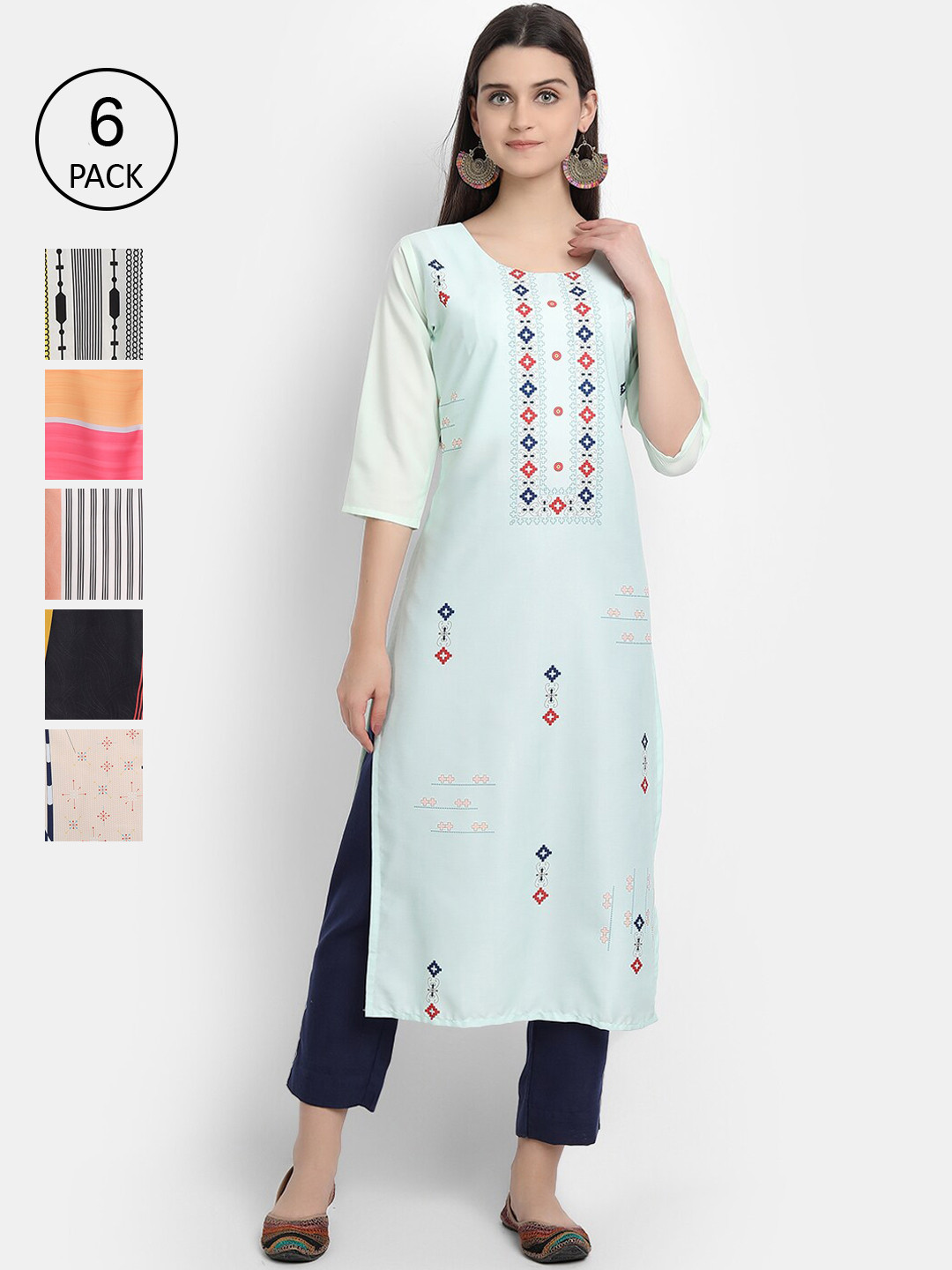 

Ethnic basket Women Pack of 6 Geometric Printed Crepe Kurta, Multi