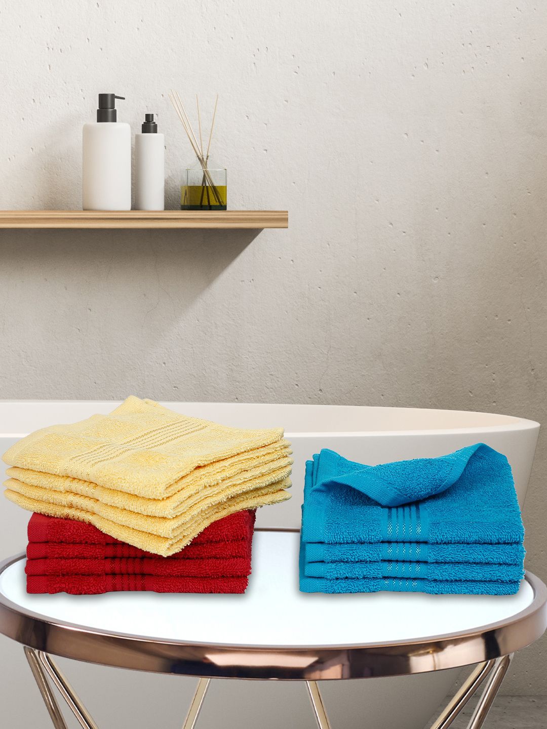 KOPA Multicoloured Set of 12 Solid 380 GSM Cotton Face Towels, Multi
