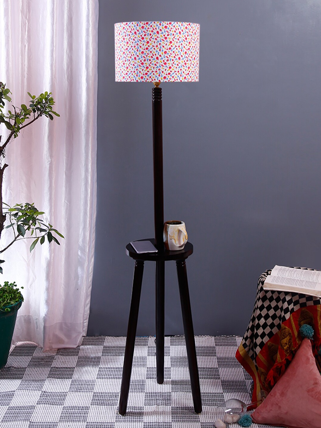 Devansh White & Blue Printed Traditional Shelf Lamp with Shade