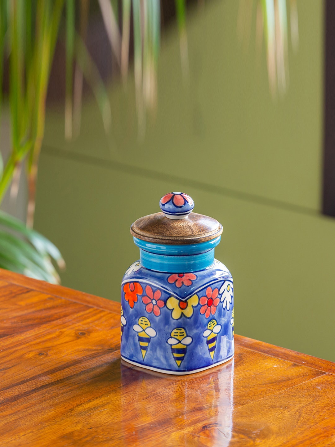

ExclusiveLane Blue & Brown The Bee Collective Hand-painted Ceramic Airtight Storage Jar