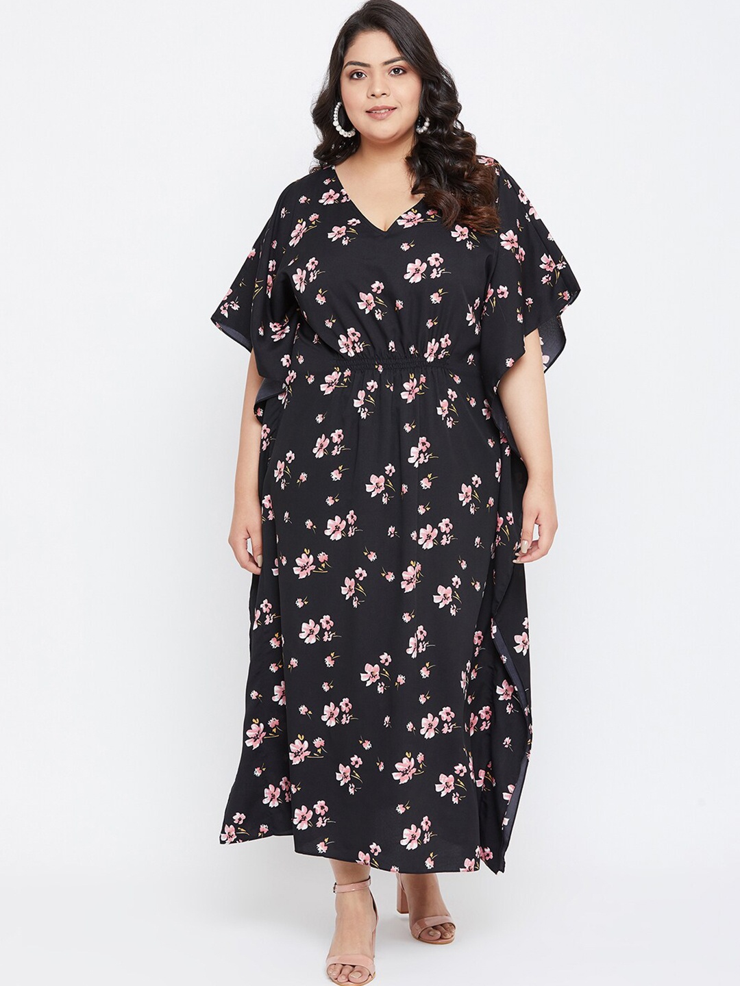 

Uptownie LitePlus Size Black Floral Printed Crepe Kaftan Nightdress