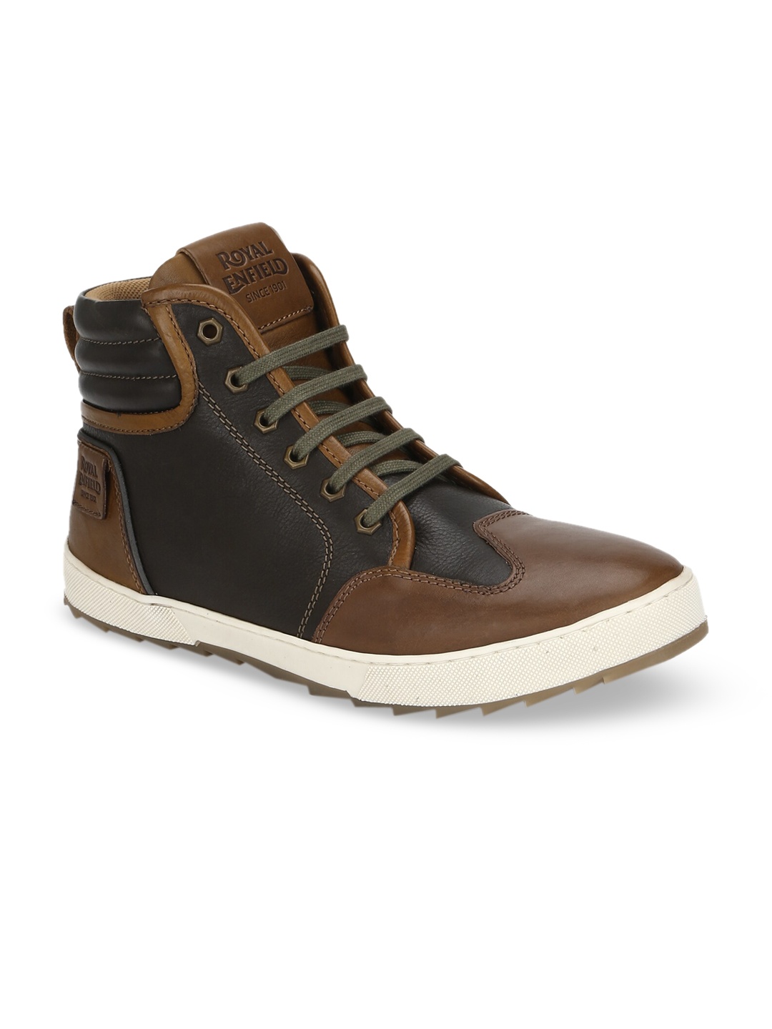 

Royal Enfield Men Olive Green & Tan Brown Colourblocked Mid-Top Sneakers