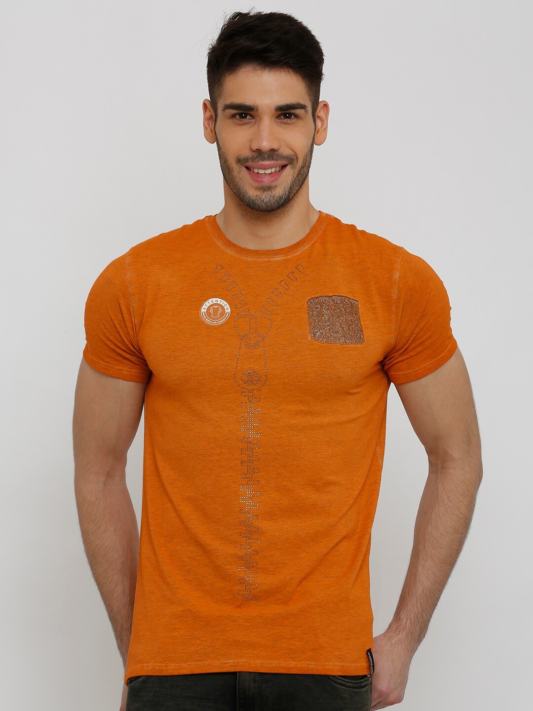 

Rex Straut Jeans Men Orange Printed Slim Fit T-shirt