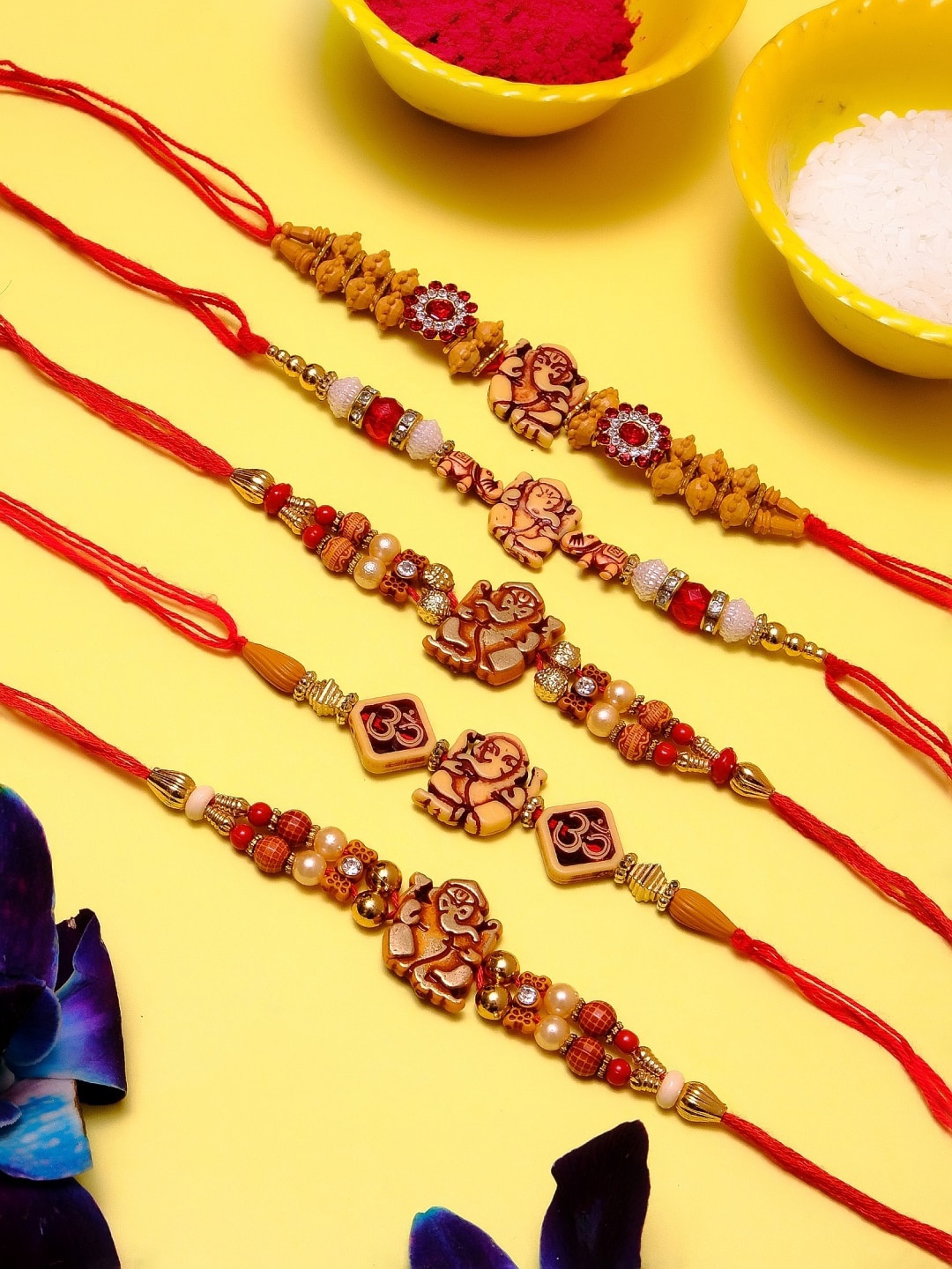 

Crunchy Fashion Men Set of 5 Stone-Studded Beaded Wooden Ganpati Fashion Rakhi, Red