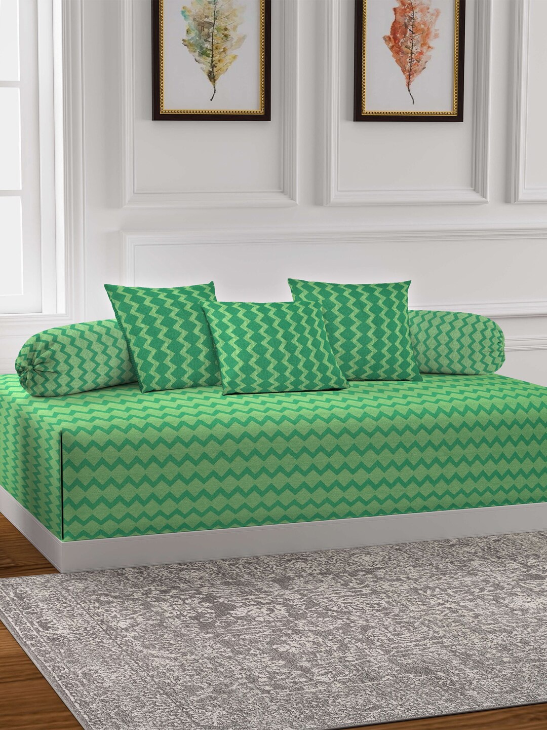 

KLOTTHE Set Of 6 Green Self Design Cotton Single Bedsheet With Bolster Covers & Cushion Covers