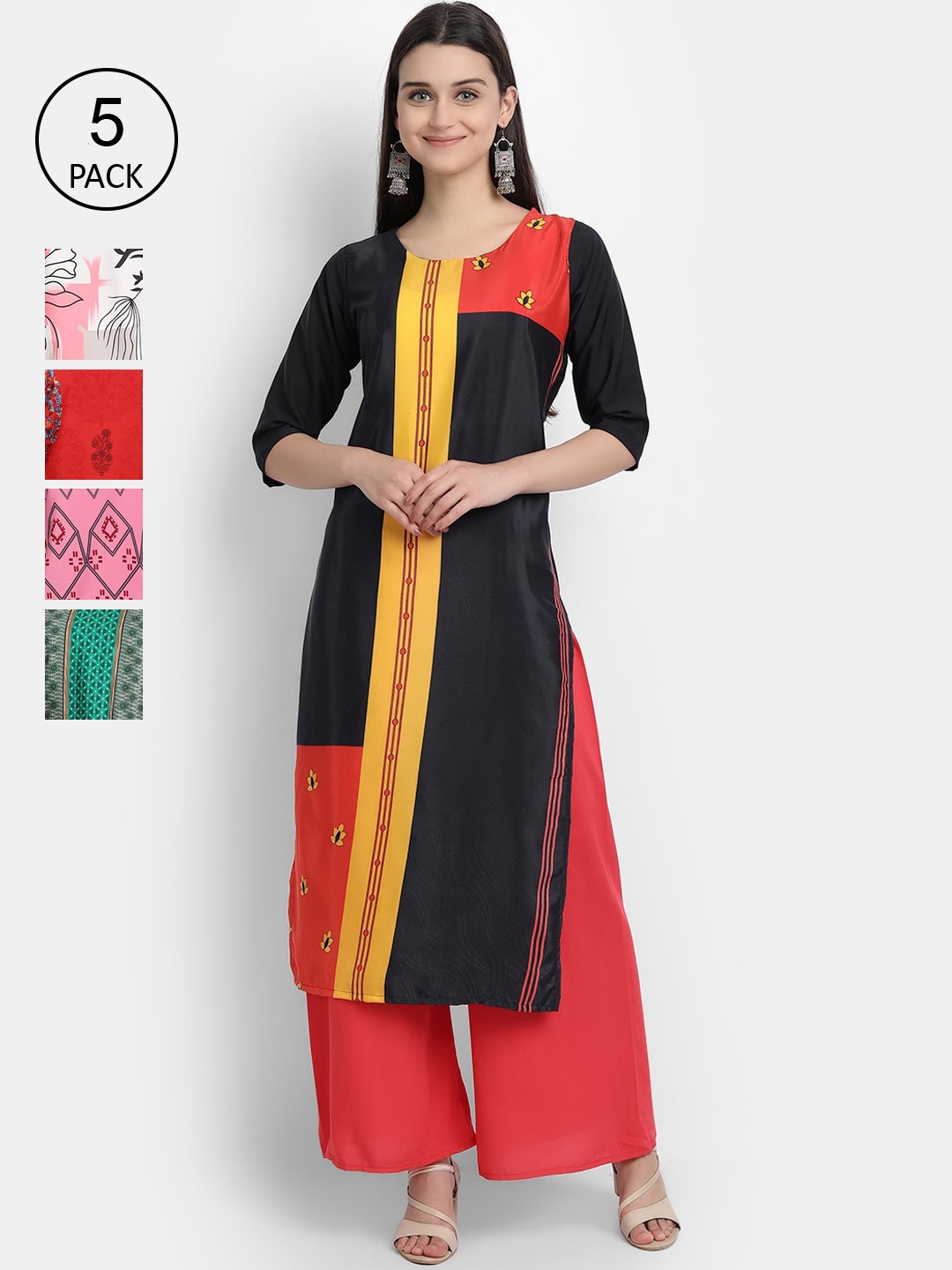 

Ethnic basket Women Pack Of 5 Printed Crepe Kurta, Red