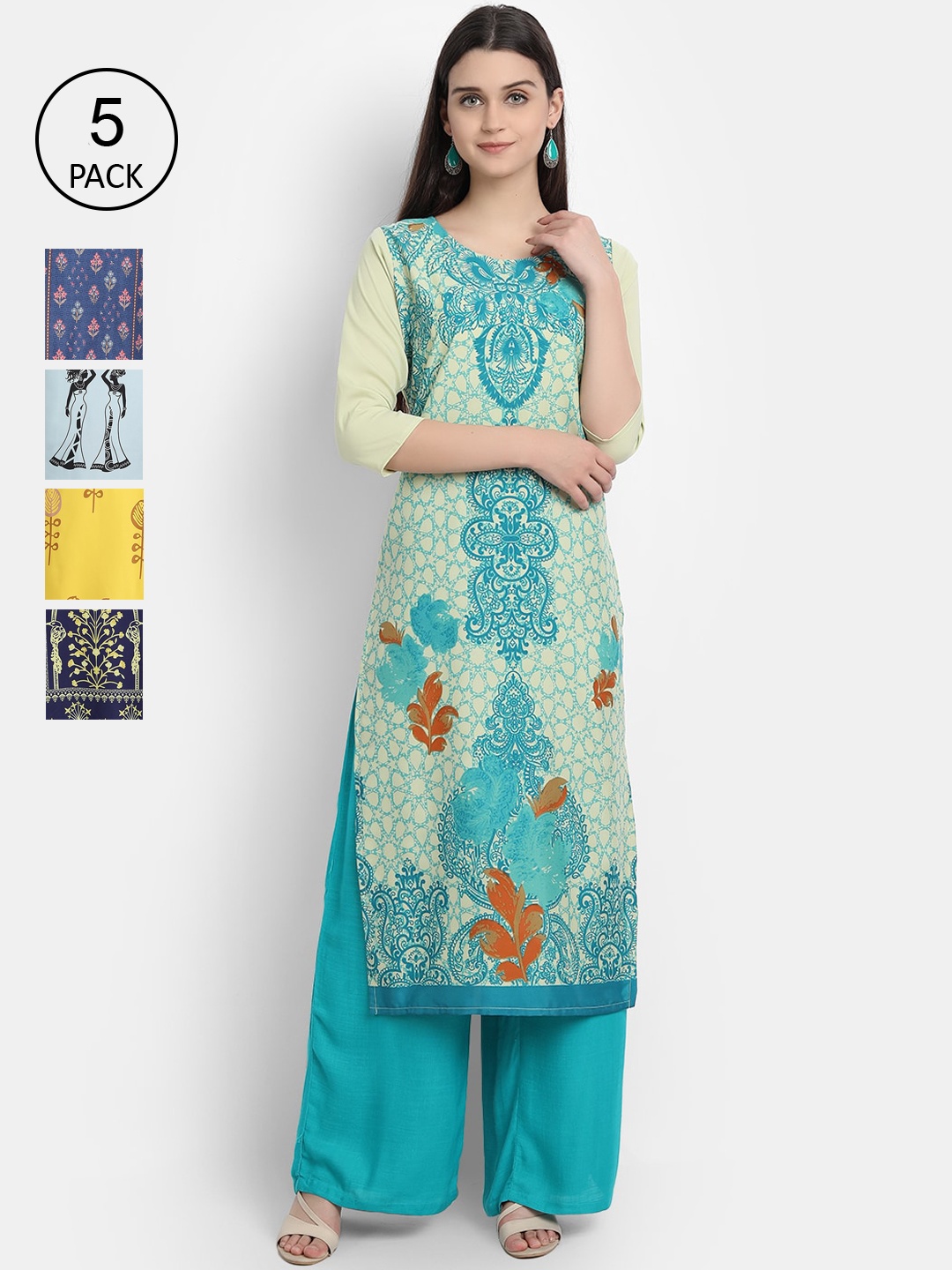 

Ethnic basket Women Pack of 5 Ethnic Motifs Printed Crepe Kurta, Blue