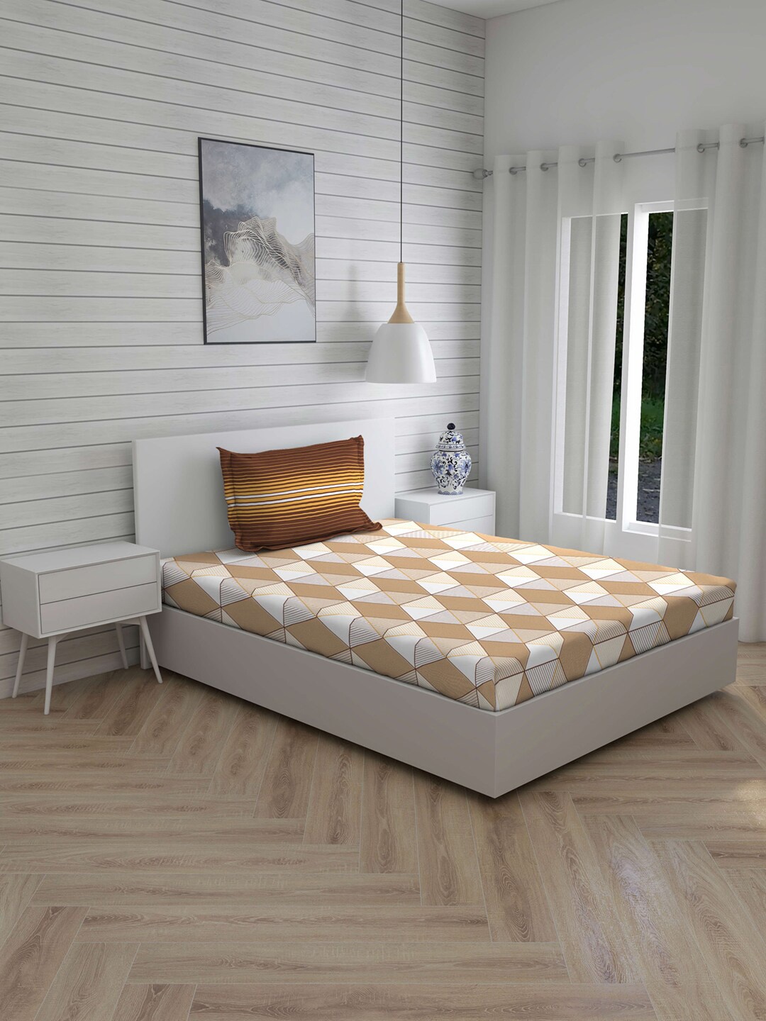 

Layers Brown & White Geometric 140 TC Cotton 1 Single Bedsheet with 1 Pillow Covers