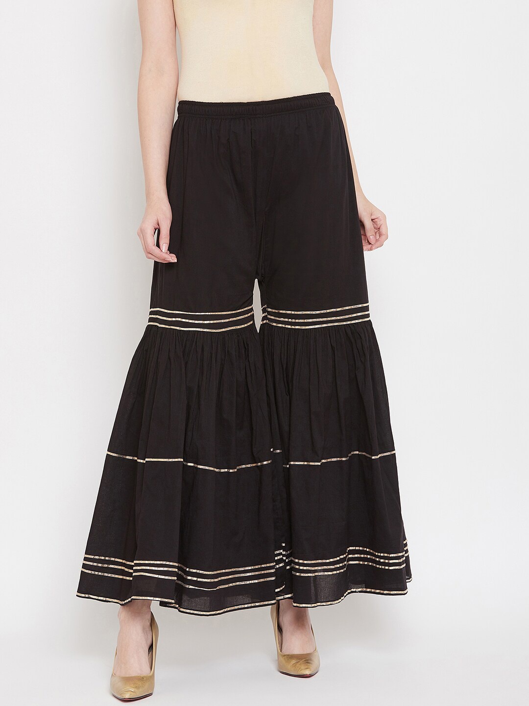 

TULIP 21 Women Black & Gold-Toned Striped Flared Palazzos