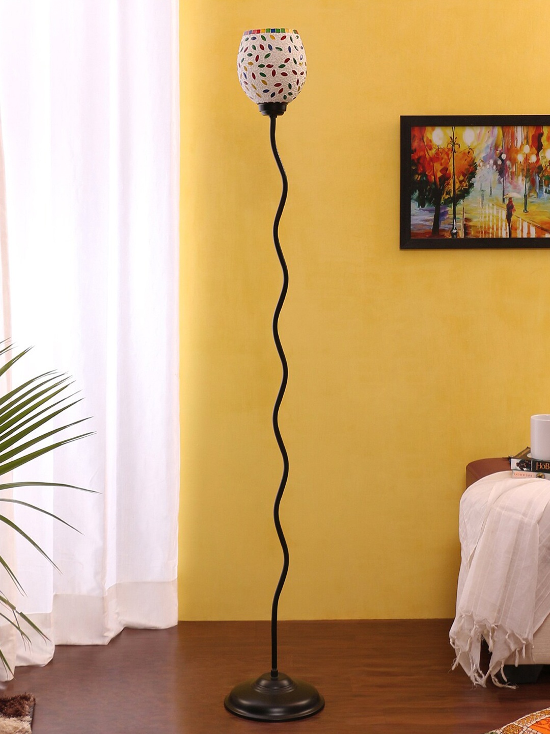 

Devansh White & Green Textured Traditional Torchiere Lamp with Shade