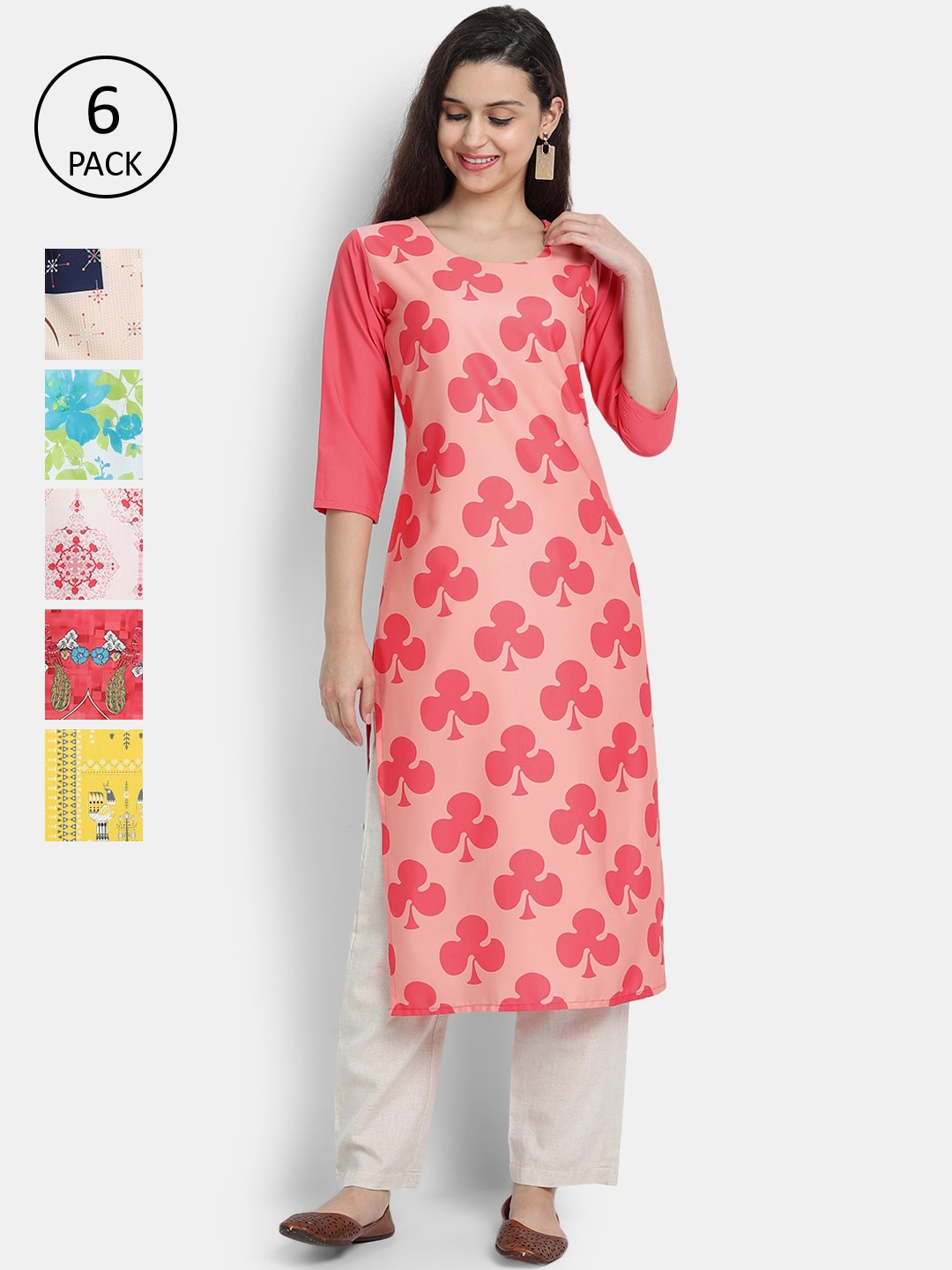 

Ethnic basket Women Pack of 6 Printed Crepe Kurta, Peach