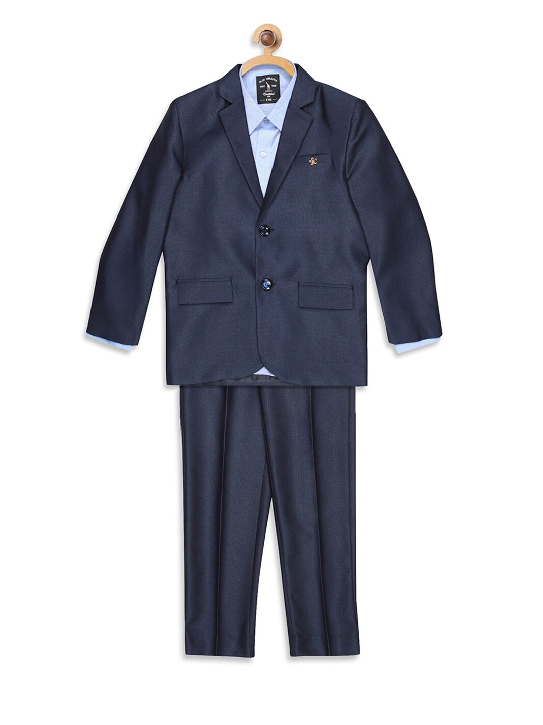 

Blue Giraffe Boys Blue Solid Shirt with Trousers & Blazer