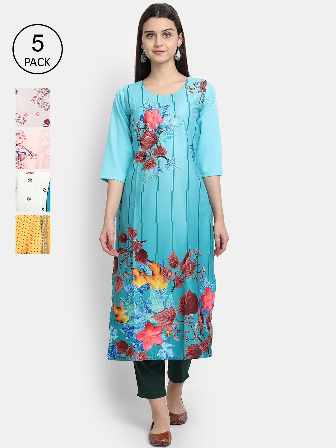 

Ethnic basket Women Multicoloured Floral Printed Thread Work Crepe Kurta, Multi