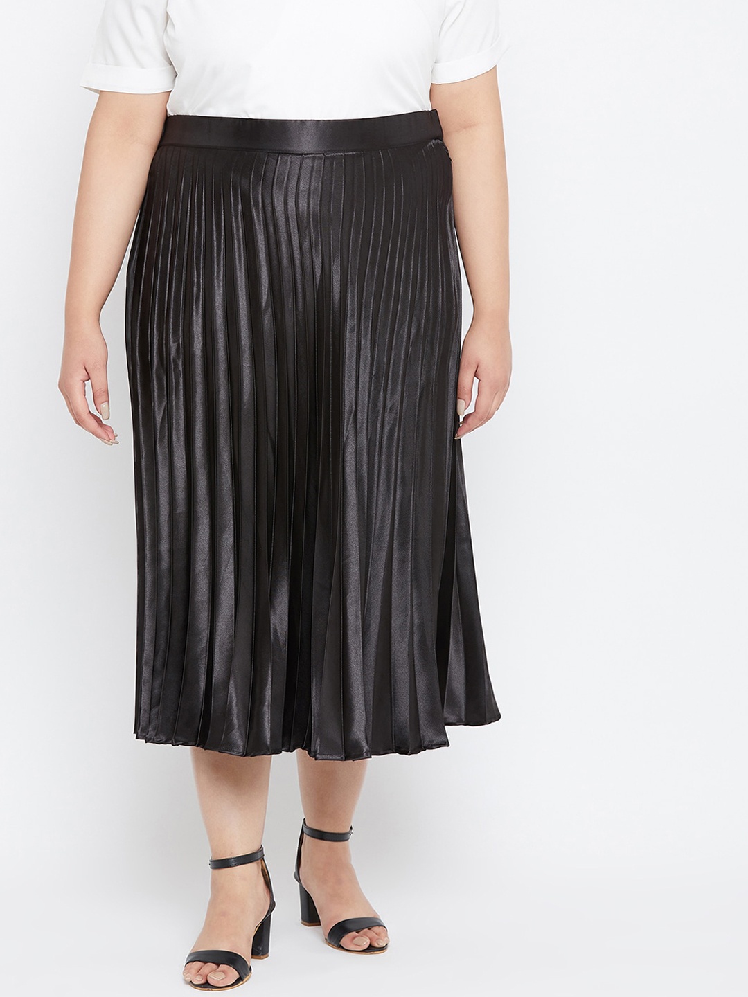 

Uptownie Lite Plus Size Black Solid Pleated Flared Midi Satin Skirt