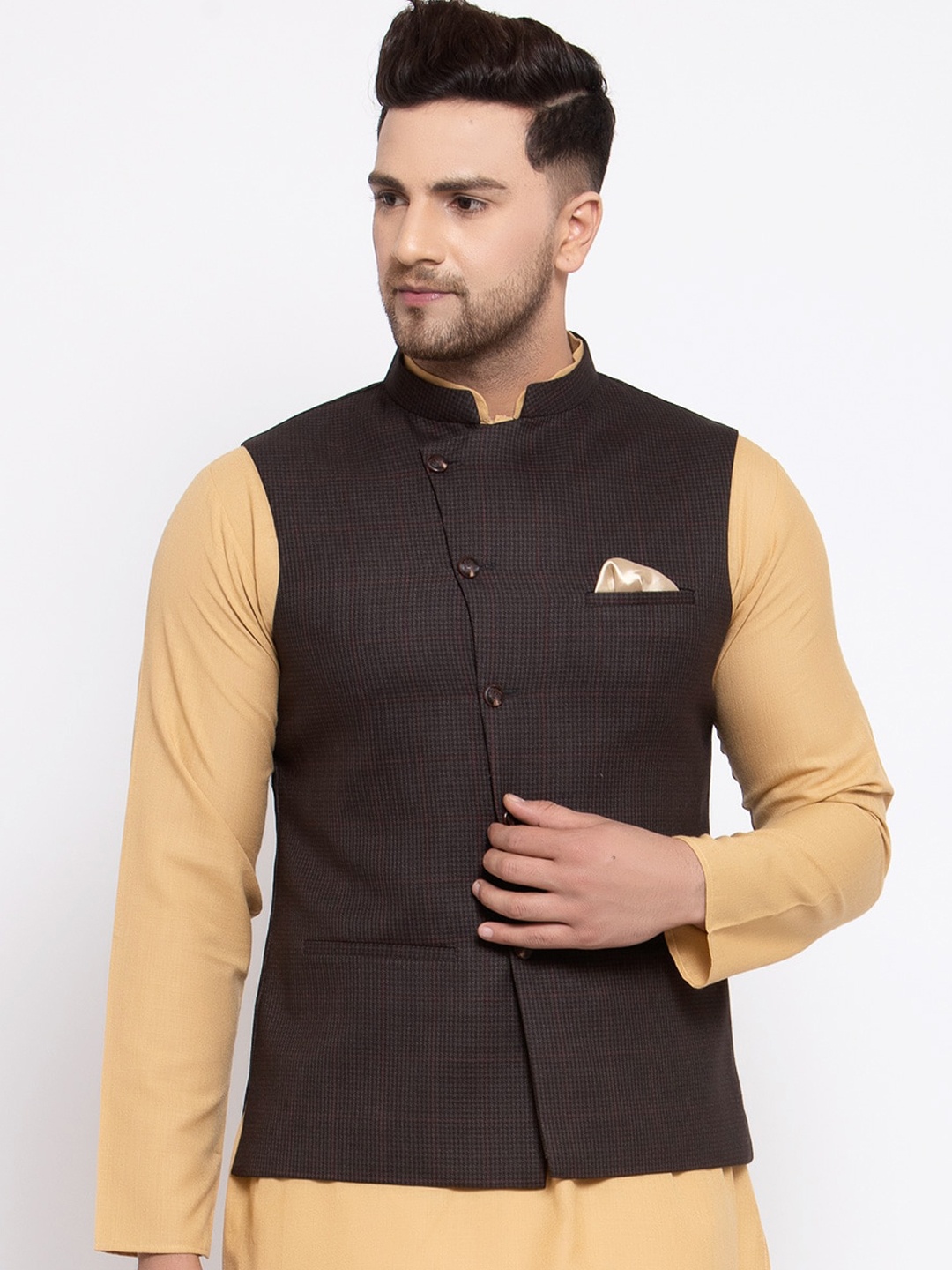 

MAXENCE Men Coffee Brown Woven-Design Cotton Nehru Jacket