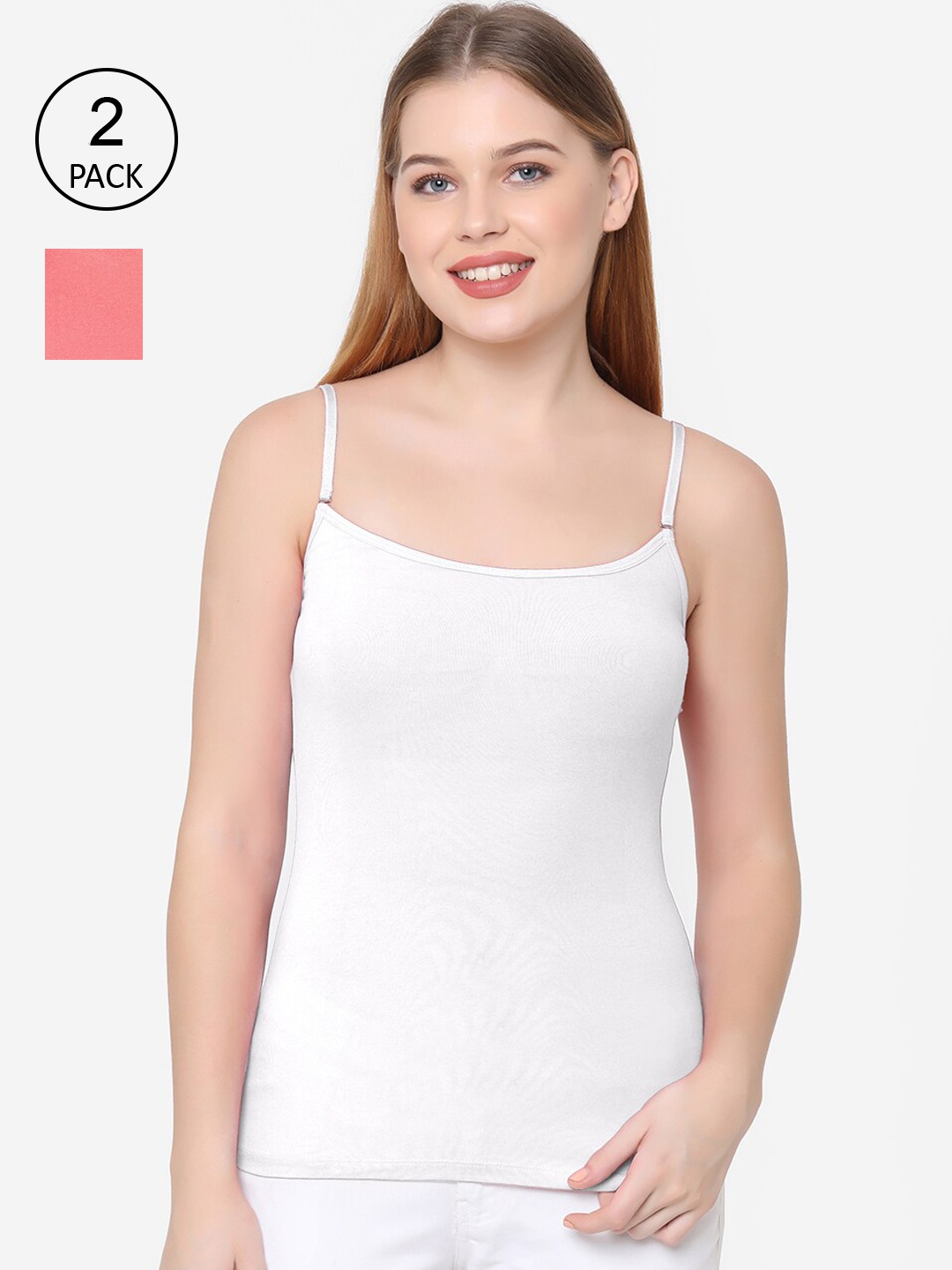 Soie Women Pack of 2 White & Coral Solid Non-Padded Camisoles