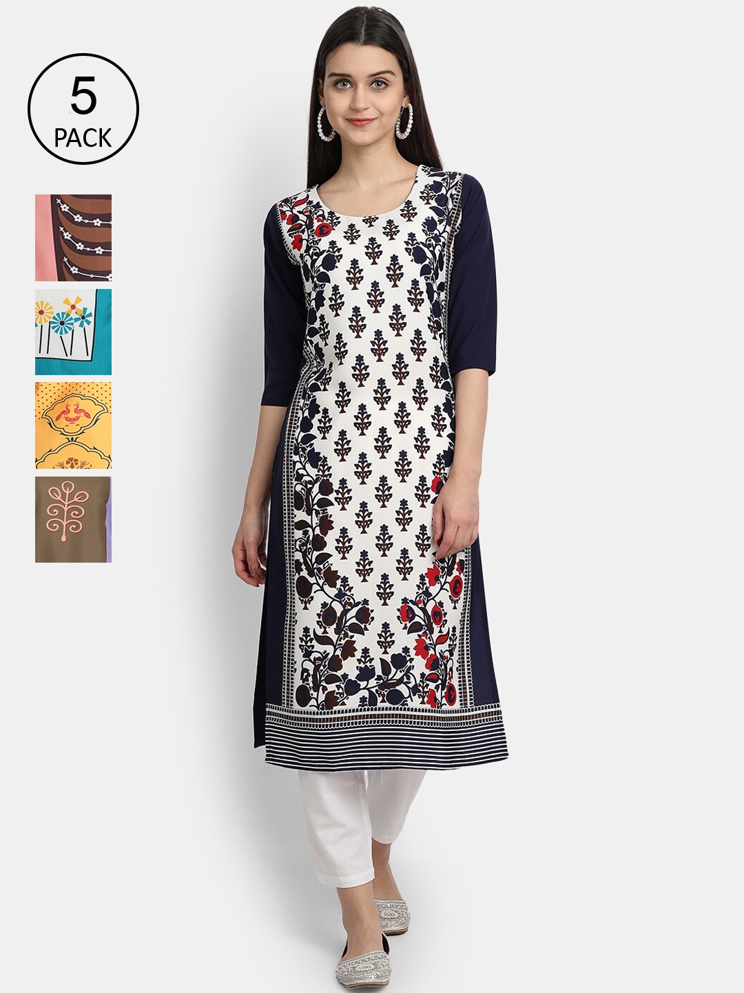 

Ethnic basket Women Set of 5 Multicoloured Ethnic Motifs Printed Crepe Kurta, Multi