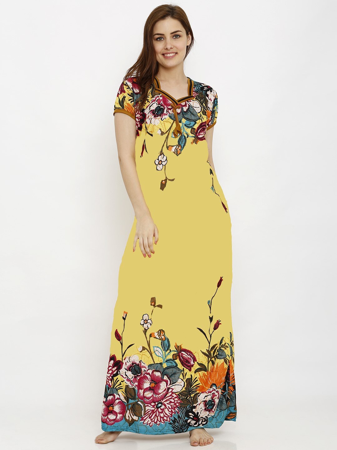 

Pretty Awesome Yellow & Maroon Printed Nightdress