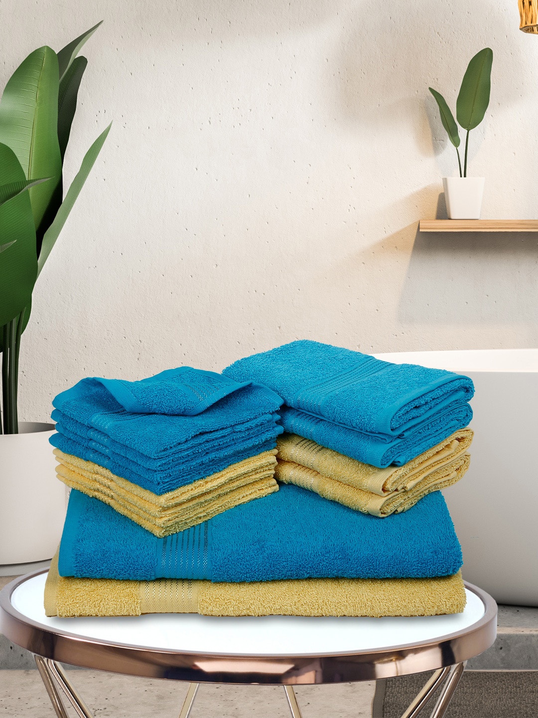 

KOPA Set Of 14 Solid Cotton 380 GSM Towel Set, Turquoise blue