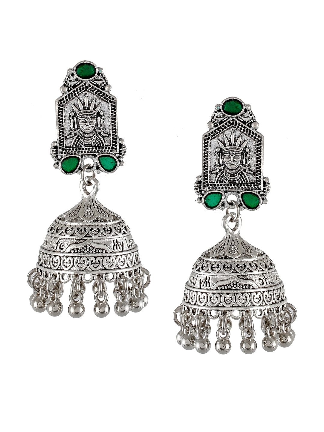 

Silvermerc Designs Oxidised Green Silver-Plated Handcrafted Dome Shaped Jhumkas
