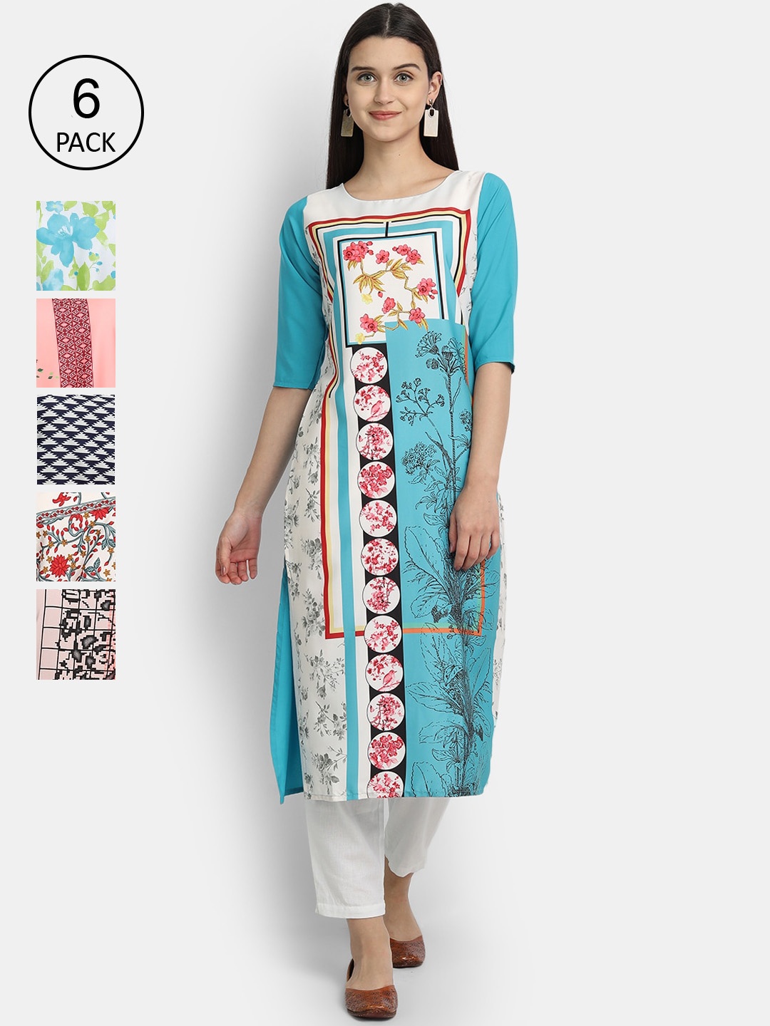 

Ethnic basket Women Pack Of 6 Floral Printed Crepe Kurta, Multi