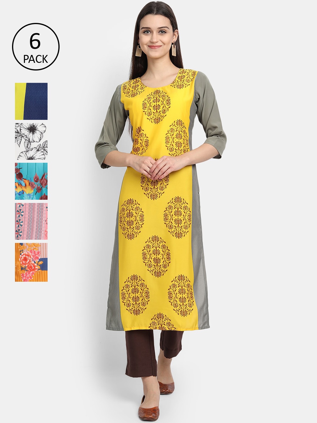 

Ethnic basket Women Pack of 6 Multicoloured Ethnic Motifs Printed Kurtas, Multi