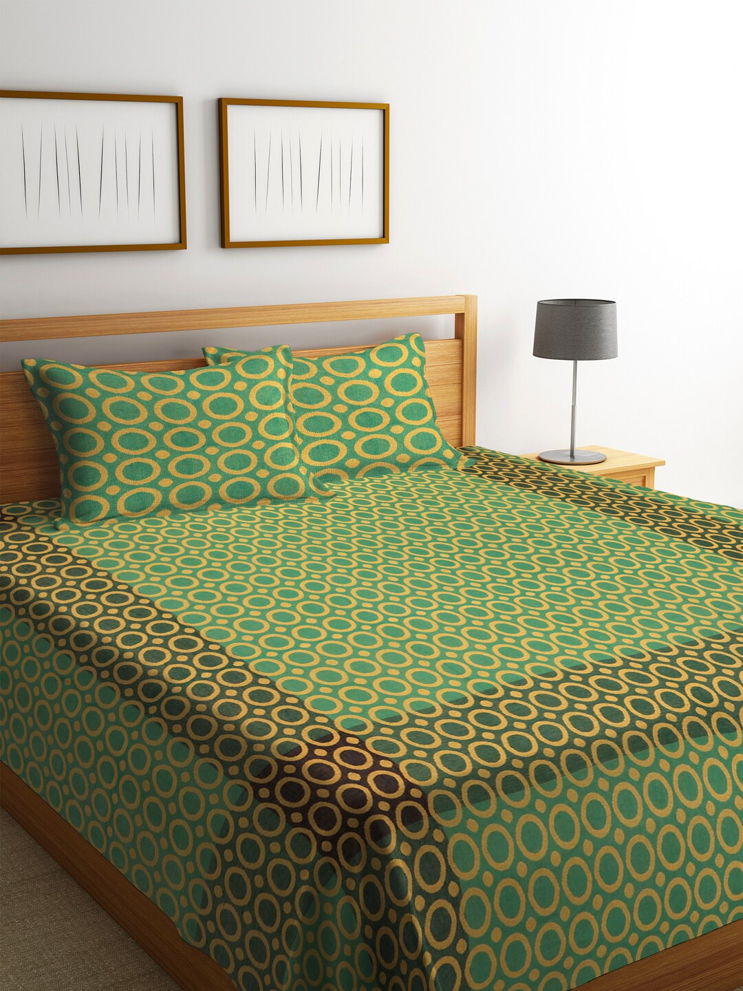 

KLOTTHE Green & Brown Woven Design Cotton Double Bed Cover With 2 Pillow Covers
