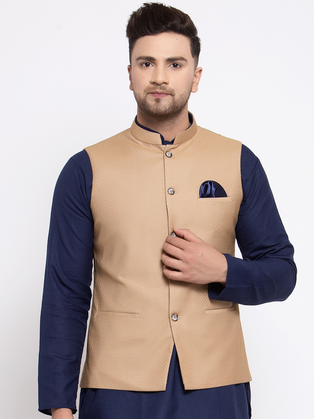 

MAXENCE Men Brown Woven Design Slim-Fit Cotton Nehru Jacket