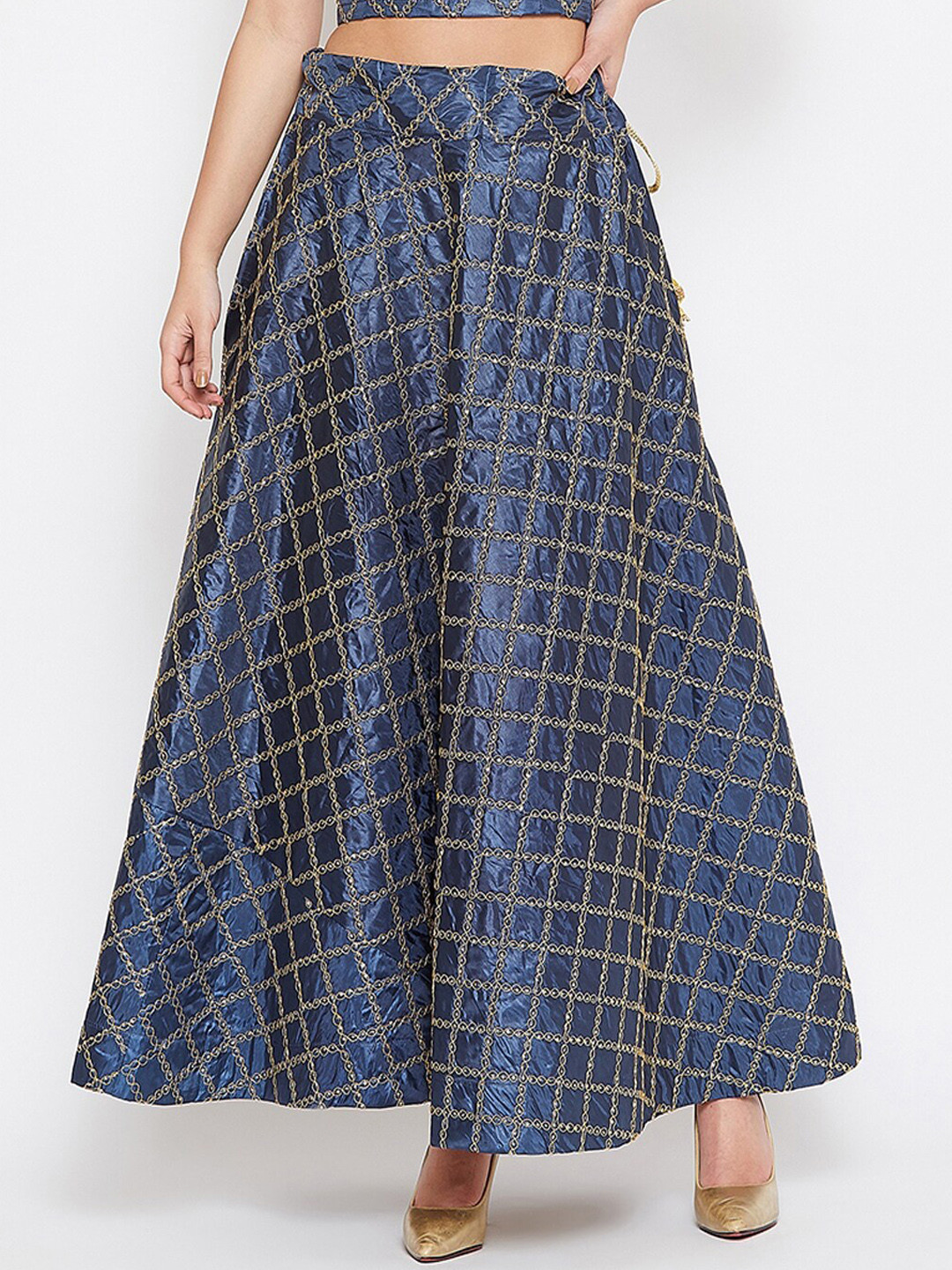 

TULIP 21 Women Navy Blue & Golden Embroidered Pure Silk Flared Maxi Skirt