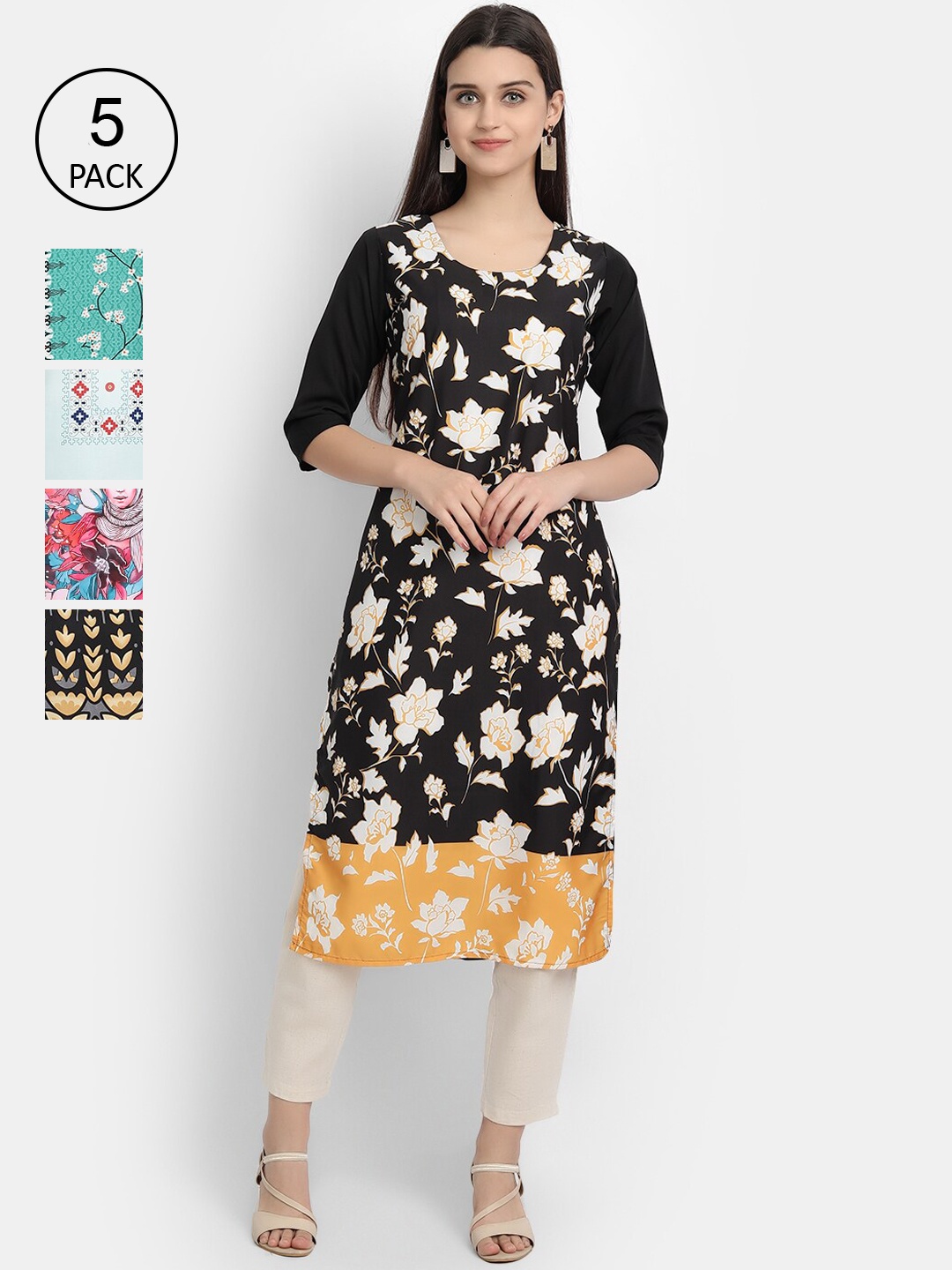 

Ethnic basket Women Pack of 5 Ethnic Motifs Printed Crepe Kurta, Multi