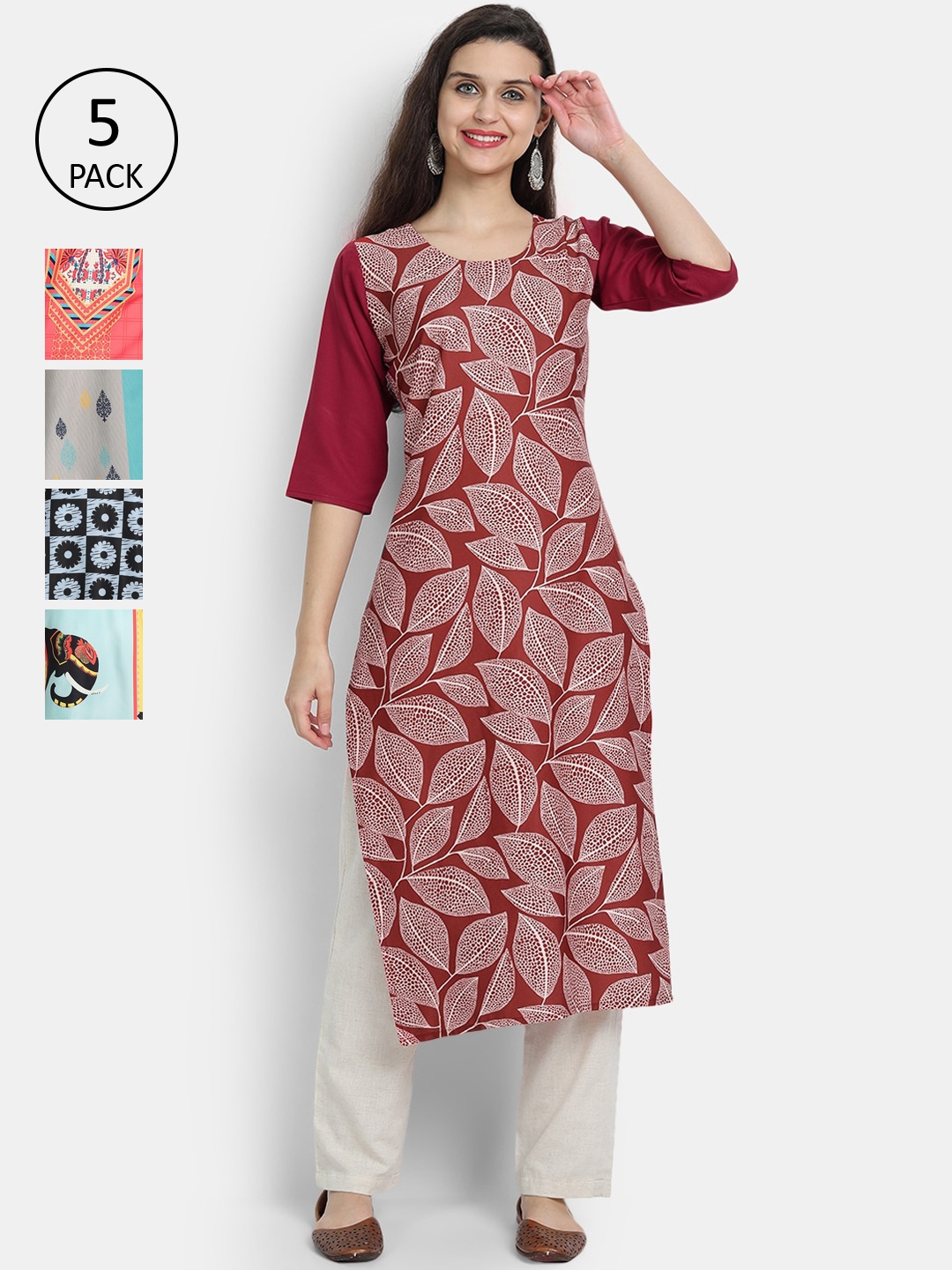 

Ethnic basket Women Pack Of 5 Ethnic Motifs Printed Crepe Kurtas, Multi