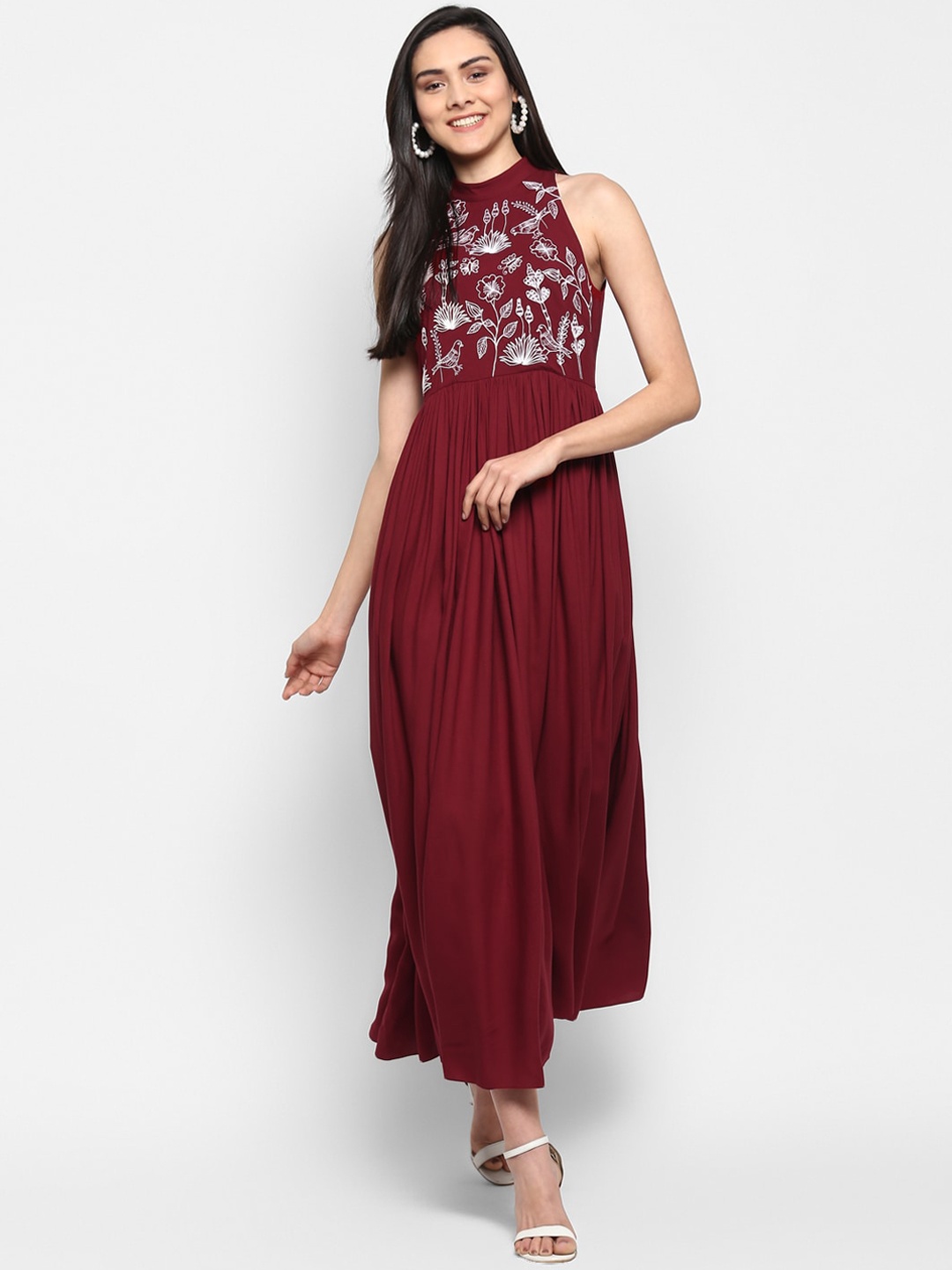 

DEEBACO Women Maroon & white Embroidered Floral Maxi Dress