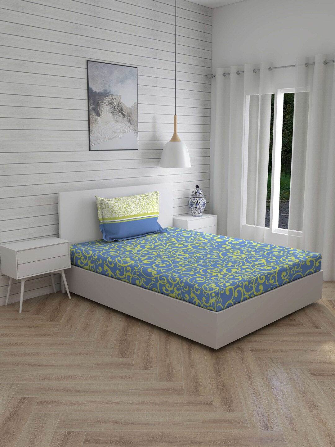 

Layers Blue & Yellow Floral 140 TC Cotton 1 Single Bedsheet with 1 Pillow Cover