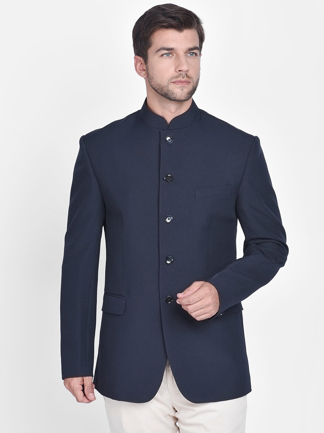 

Blacksmith Men Navy Blue Solid Jodhpuri Bandhgala Blazer