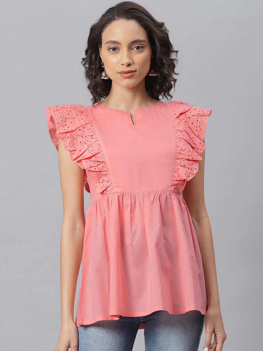 

Janasya Pink Schiffli Empire Cotton Top