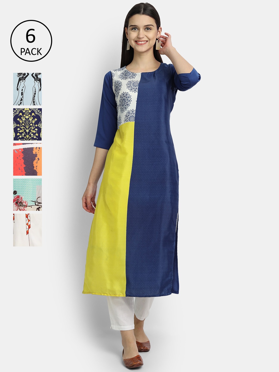 

Ethnic basket Women Pack of 6 Ethnic Motifs Printed Crepe Kurta, Blue