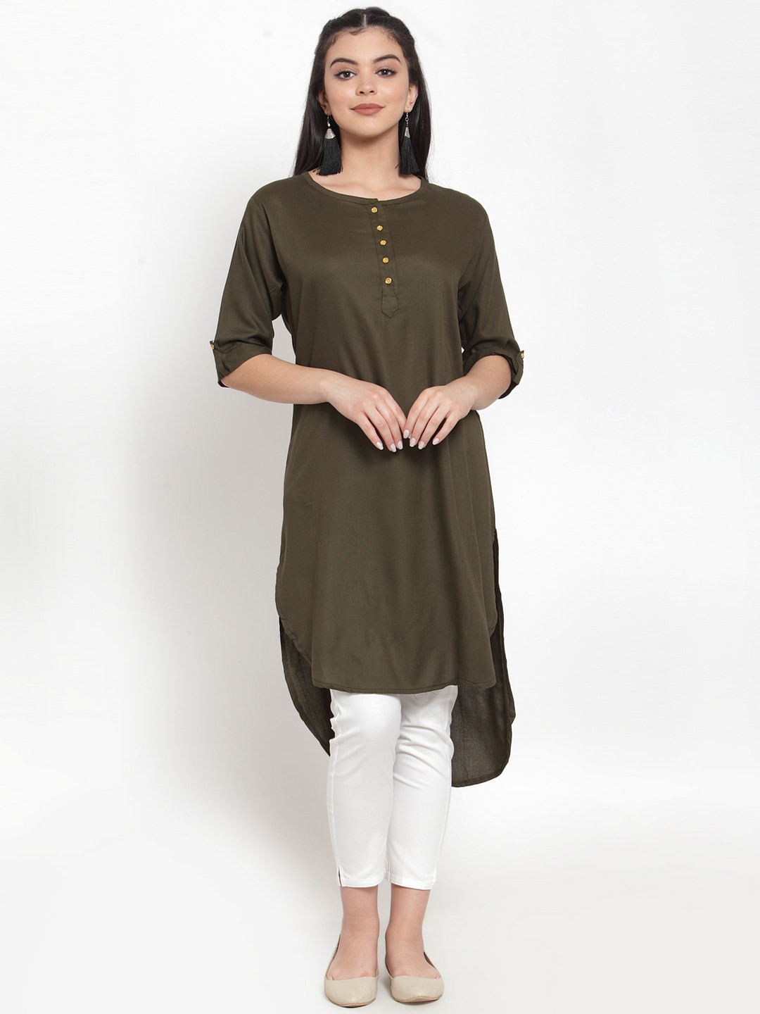 

Miaz Lifestyle Women Olive Green Thread Work Pathani Kurta
