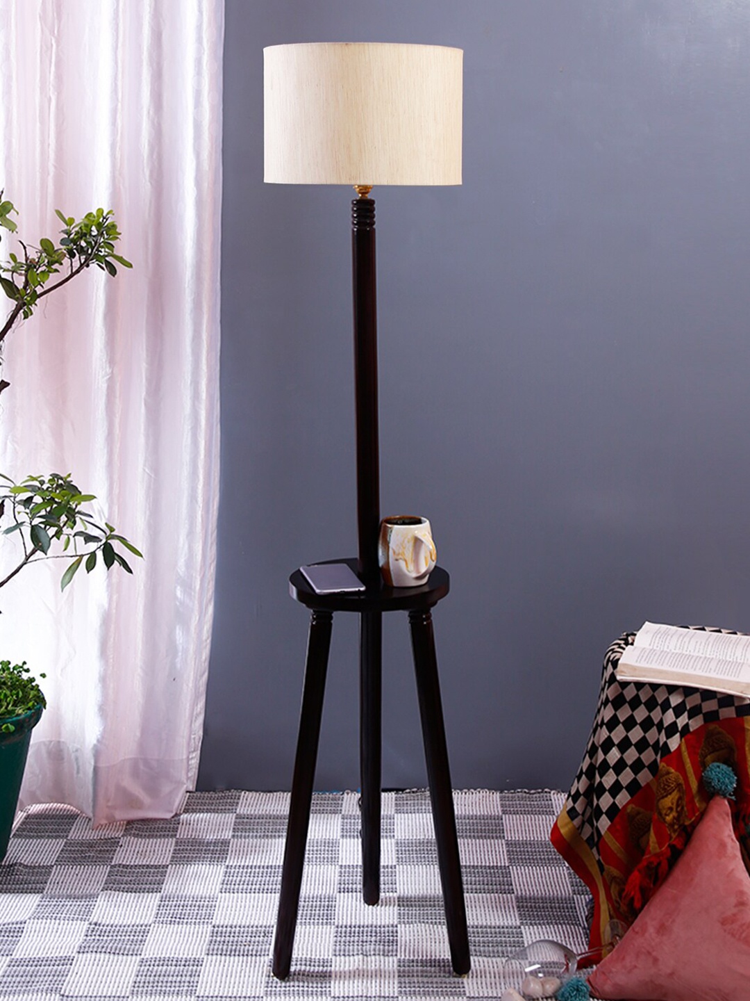 

Devansh Unisex Off White Solid Drum shade Wood brown Table Shelf Lamp