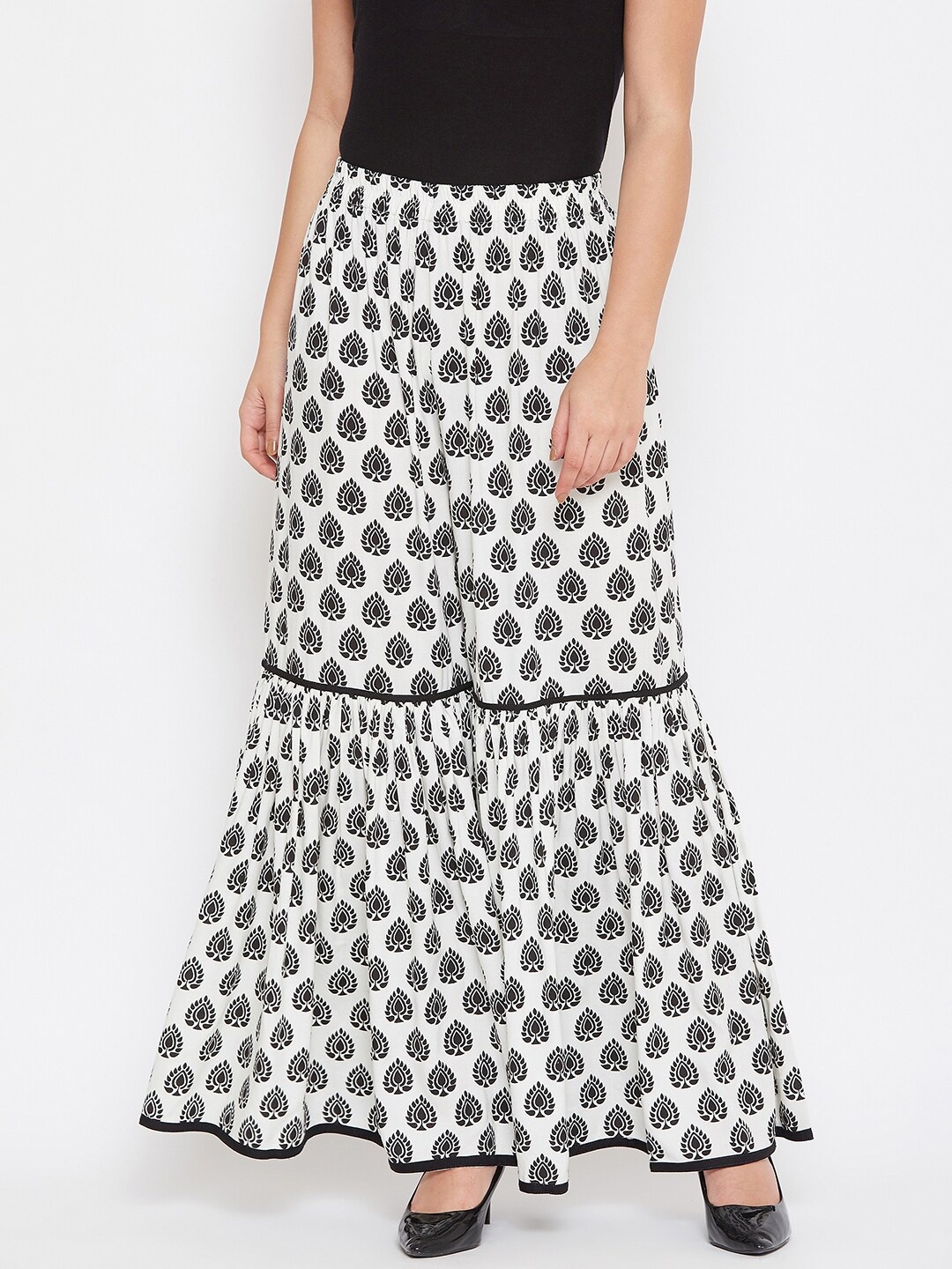 

TULIP 21 Women Off-White & Black Printed Flared Palazzos