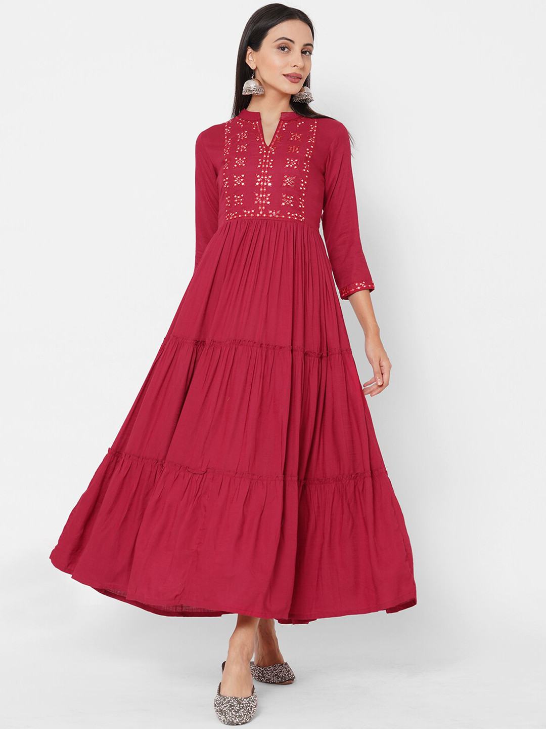 

FASHOR Women Red Embroidered Tiered Ethnic Motifs Maxi Dress