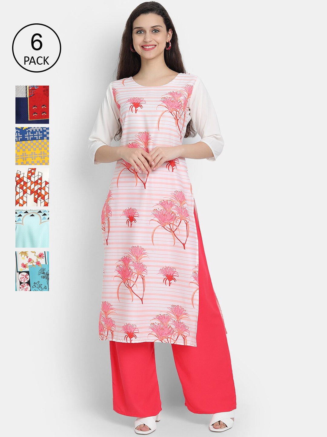 

Ethnic basket Women Pack Of 5 Ethnic Motifs Printed Crepe Kurtas, Multi