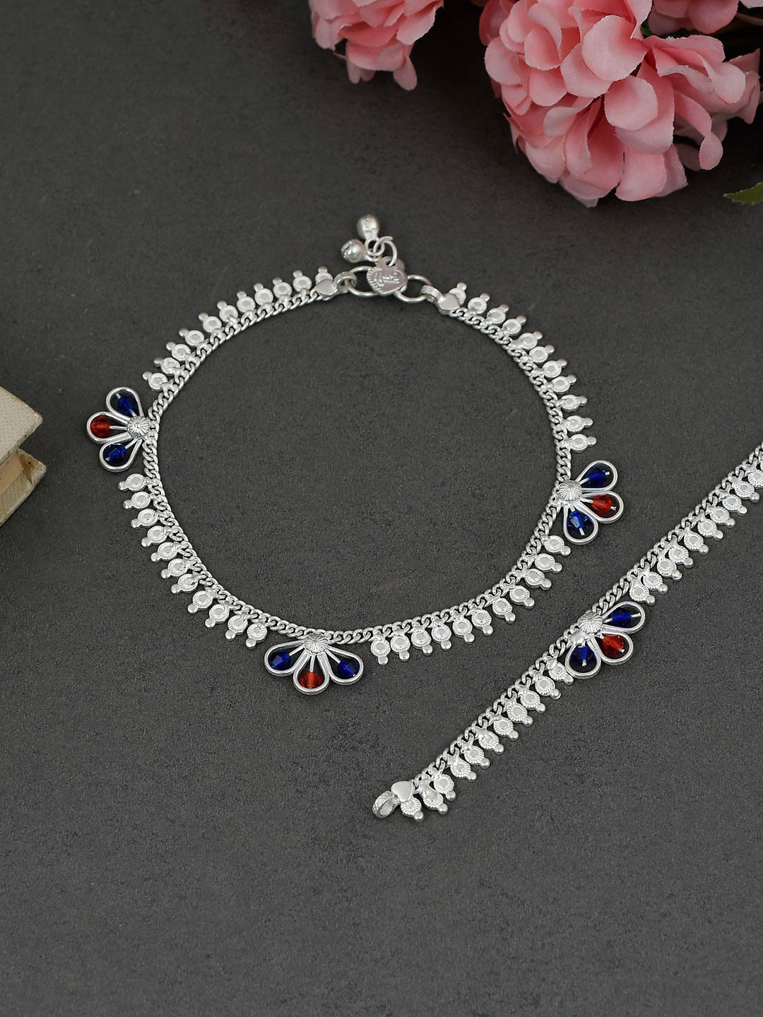 

Silvermerc Designs Set of 2 Silver-Plated Blue & Orange Beaded Anklets