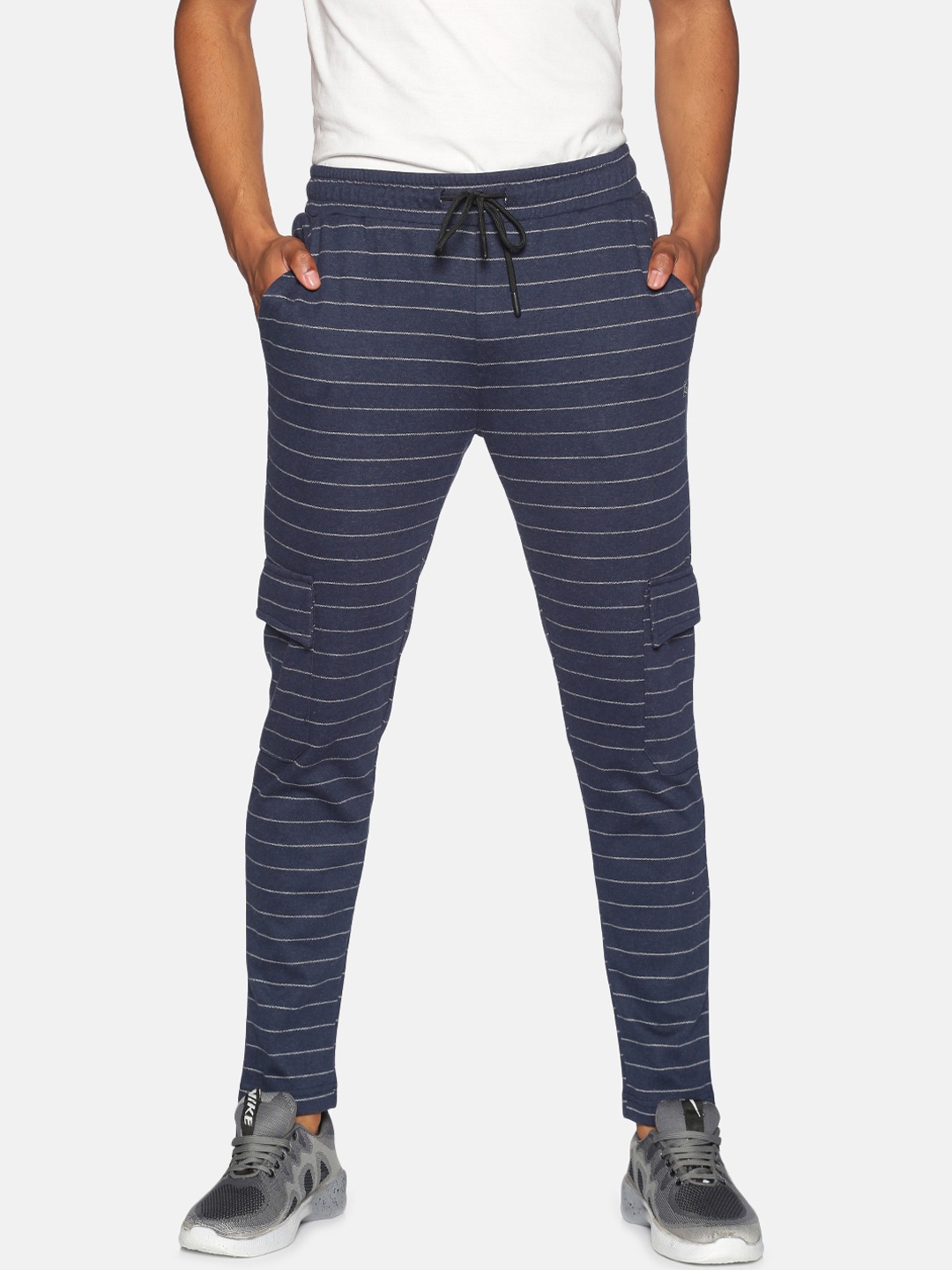 

Campus Sutra Men Navy Blue & White Striped Straight-Fit Cotton Track Pants