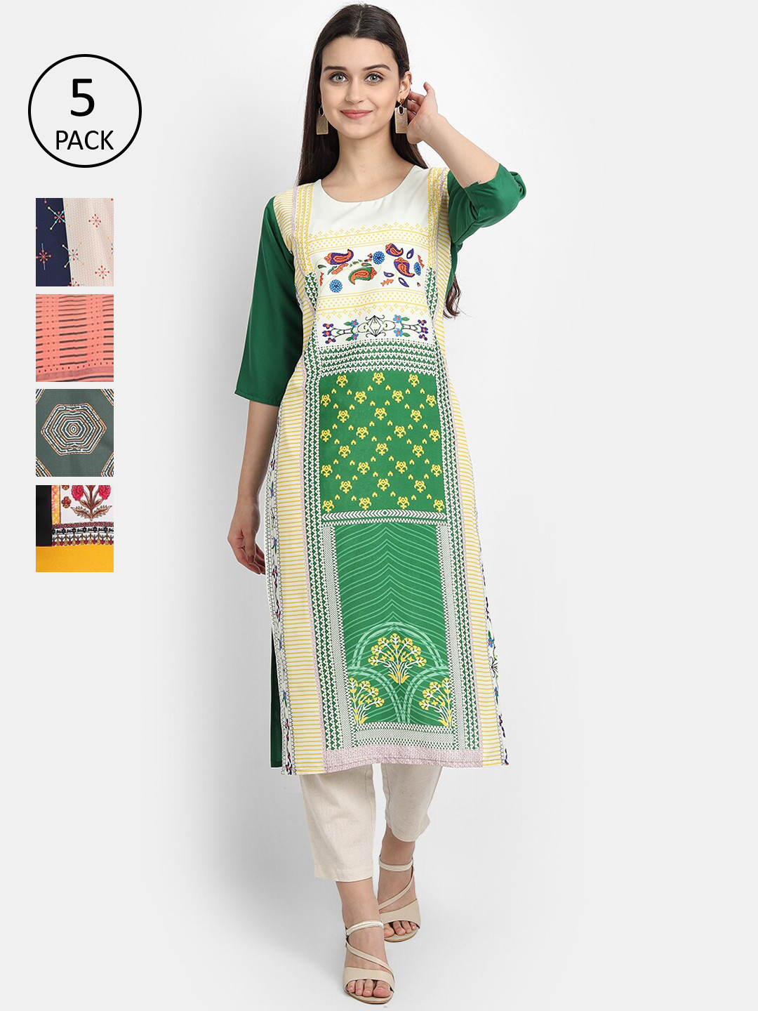 

Ethnic basket Women Pack of 5 Ethnic Motifs Printed Crepe Kurta, Multi