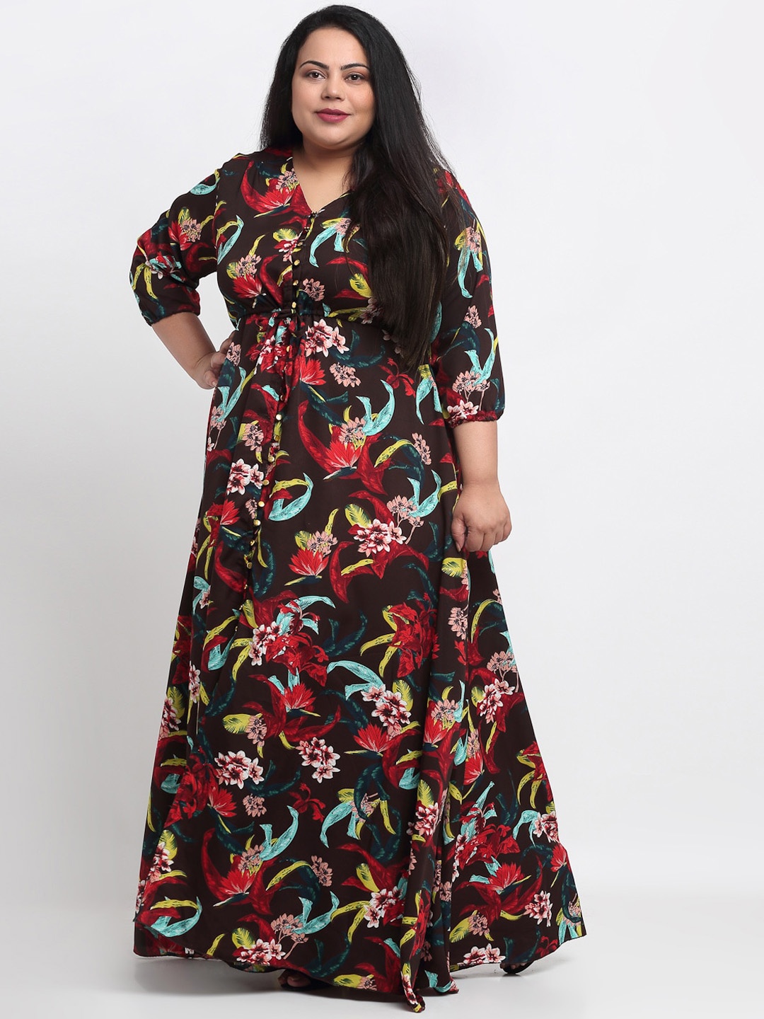 

sindrellastorie Women Plus Size Brown & Red Floral Print Maxi Dress